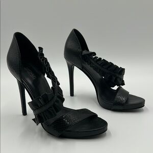 Michael Kors Bella Stiletto Heels Women's 7 Black Leather Ruffle Strap Sandals